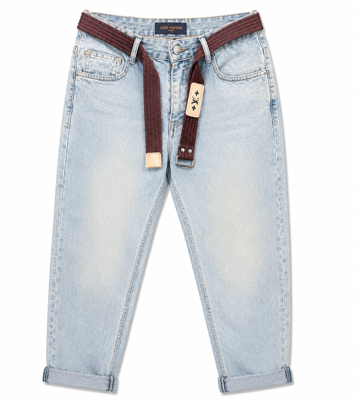 Louis Vuitton-inspired light blue monogram wide leg jeans - Shobeir
